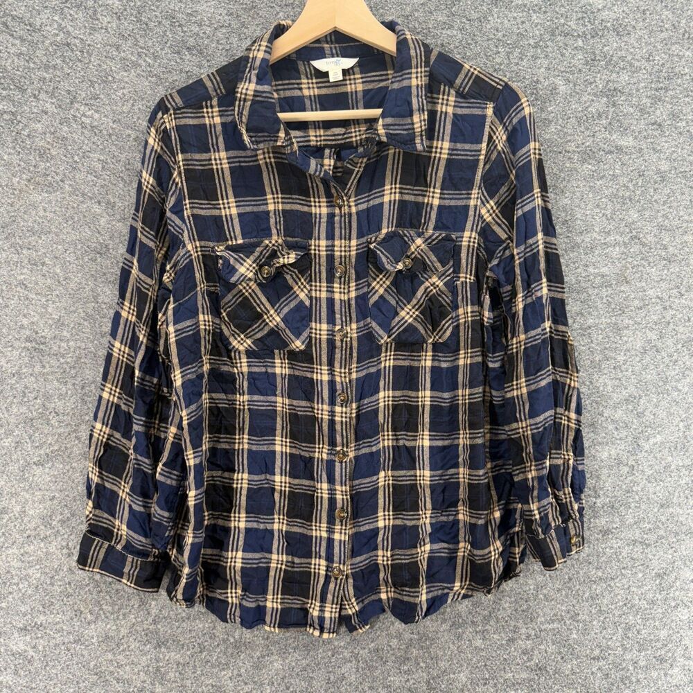 Terra & Sky Shirt Women 0X Plus Blue Plaid Button Up Collared Long Sleeve Casual